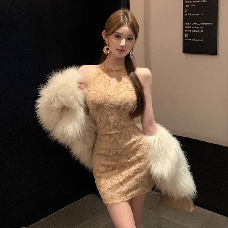 2025 мода новая женская одежда Spice Girl полированное кружевное облегающее платье без рукавов