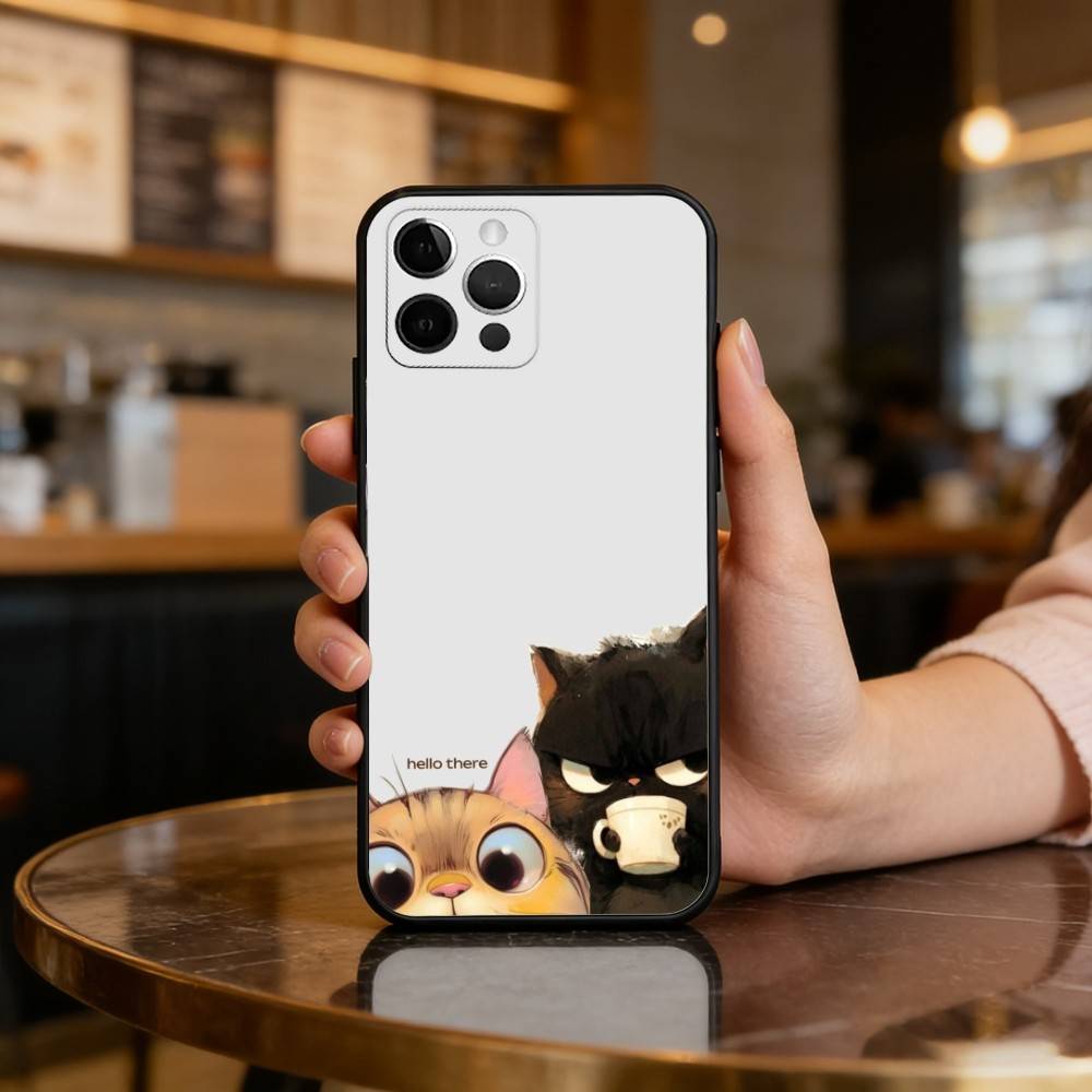 Мультяшный Чехол-Кот A-Art для Телефона iPhone 17,16,15,14,13,12,11 Plus,Pro Max, Мягкий Силиконовый Черный Чехол
