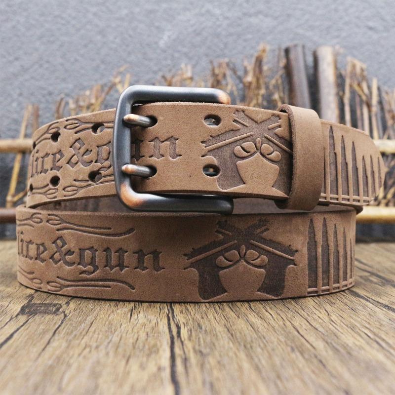Retro woven carved Crazy Horse leather belt, men's old first-layer cowhide belt