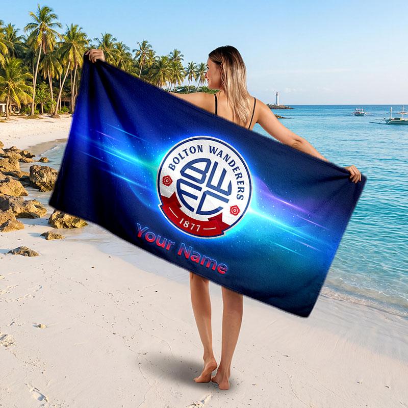 Bolton Wanderers FC Custom Beach Towel, Personalized Name Text Print, Football Logo Soft Quick‑Dry Towel Holiday Gift