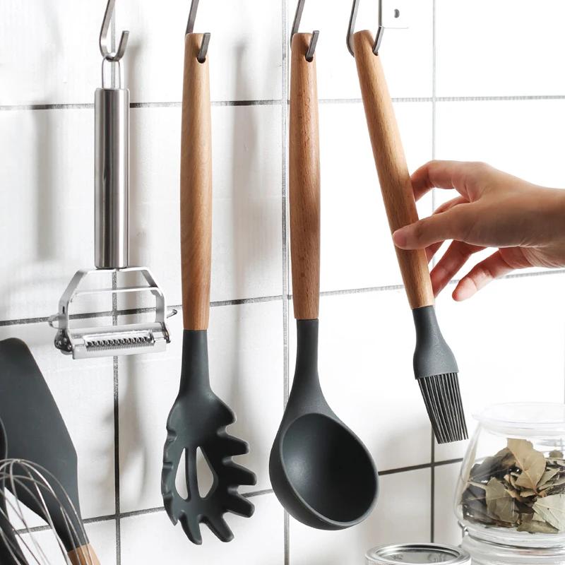 Силиконовая лопатка, ложка, половник, лопатка с прорезями, лопатка для пасты, антипригарное покрытие, кухонная утварь, силиконовые инструменты для приготовления пищи с деревянной ручкой