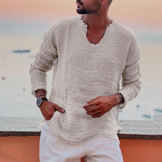 Мужская повседневная рубашка с v-образным вырезом и длинным рукавом, топы с заусенцами, плиссированные однотонные свободные тонкие пуловеры, уличная одежда