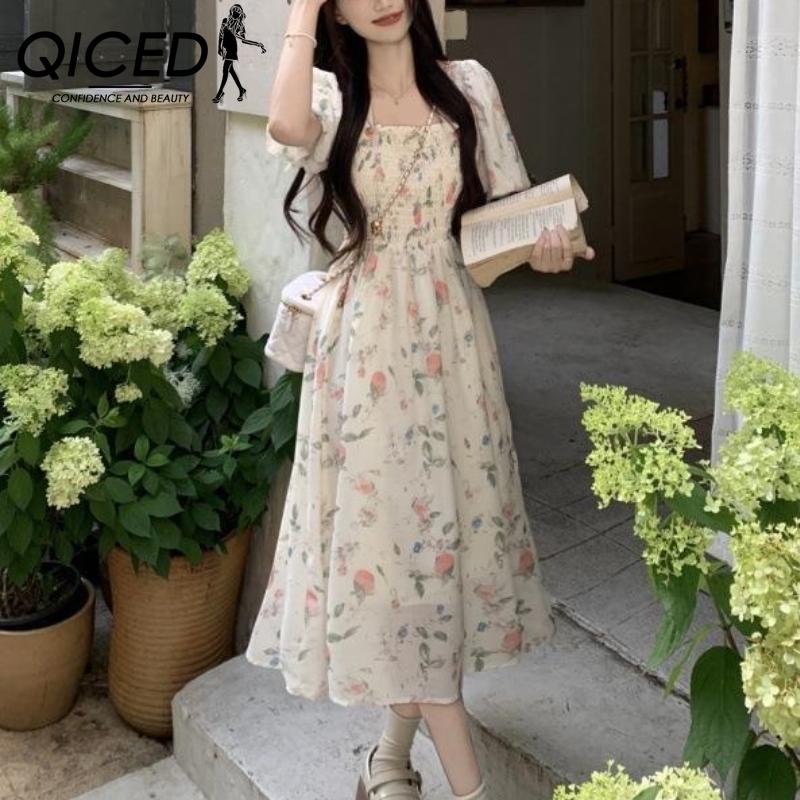 QICED Chic Square Collar Small Fresh Floral Dress Female Summer Gentle Wind Waist Slimming Mid-length A-line Skirt