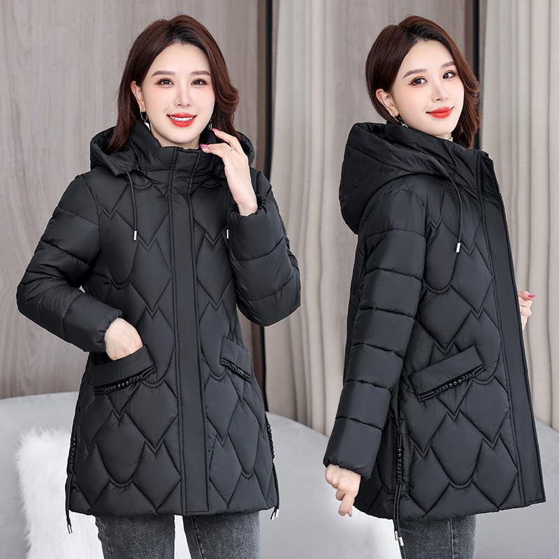 Winter women's hooded cotton-padded jacket thickened and warm medium and long rhombus quilted down cotton-padded jacket slim jacket trendy
