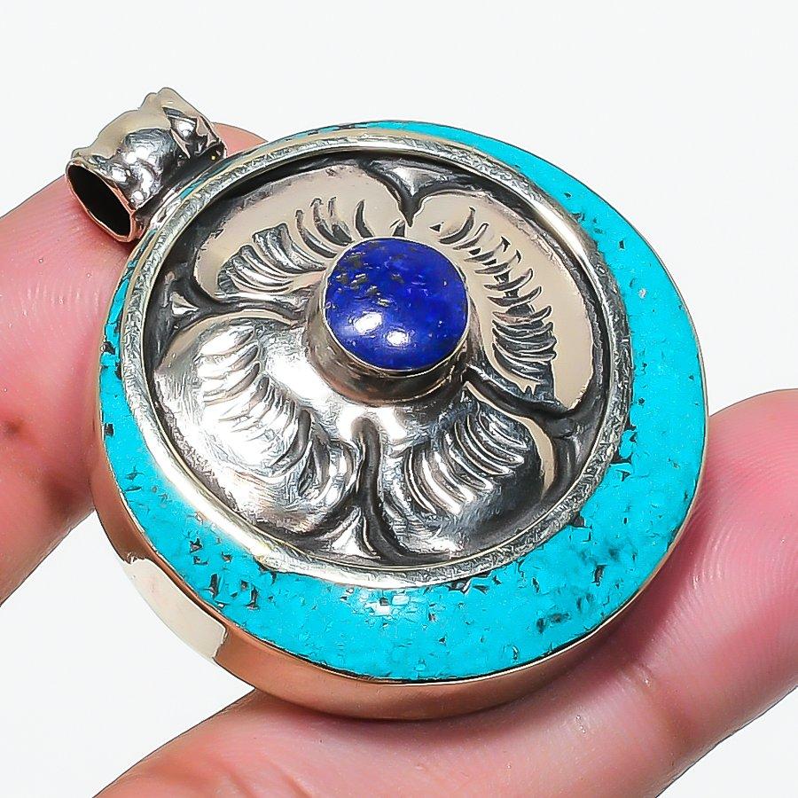 Handmade Tibetan Nepali Pendant 1.7" Natural Lapis lazuli Turquoise Boho NP 2406