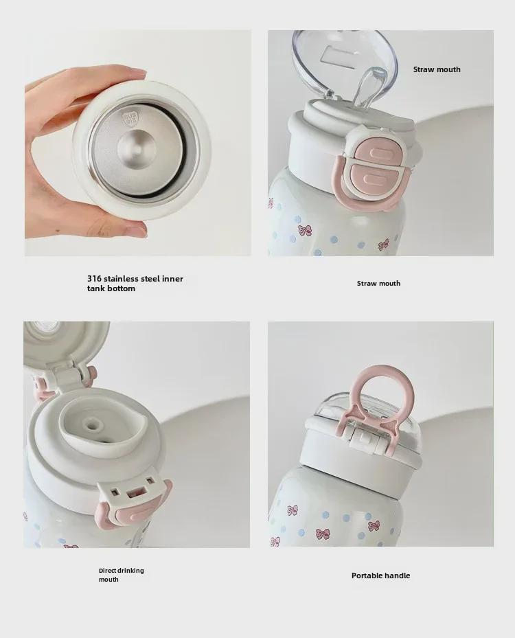 Cute Cartoon Print Double Drink Stainless Steel Thermos Cup with Straw - Portable Pop-Up Cup for Girls and Students