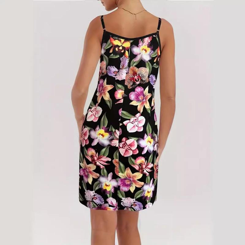Spring Summer Casual Fashion Floral Print Loose Suspender Round Neck Mid Length Casual Dresses