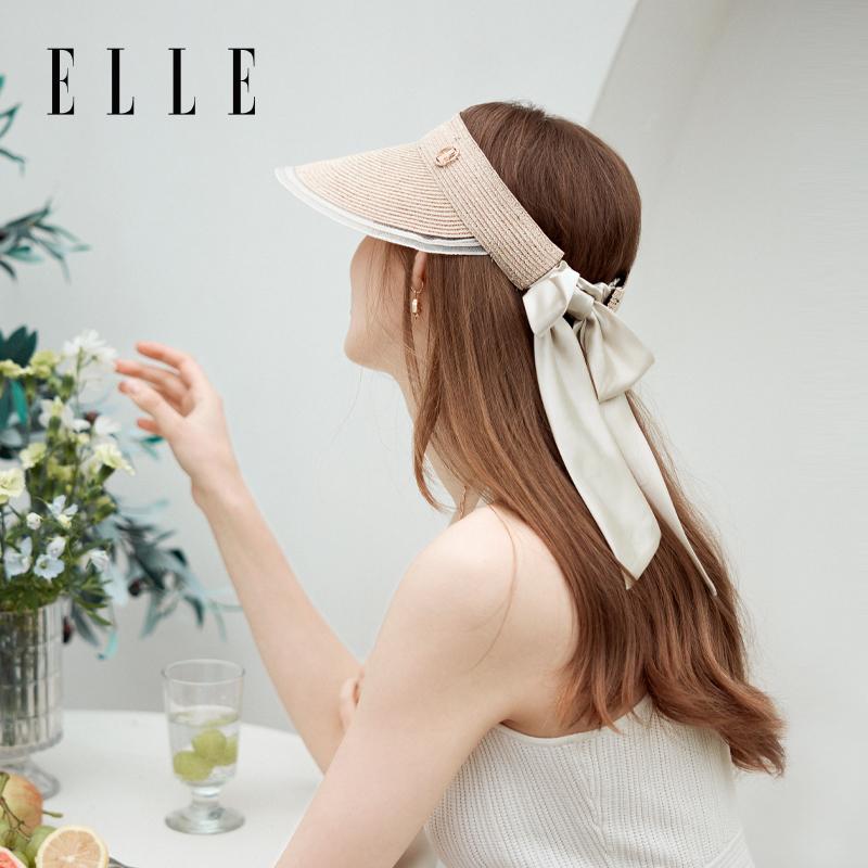 ELLE [Sunscreen Temperament] Straw Hat Beach Vacation Bow Ribbon Breathable Travel Straw Weaving Empty Top Hat