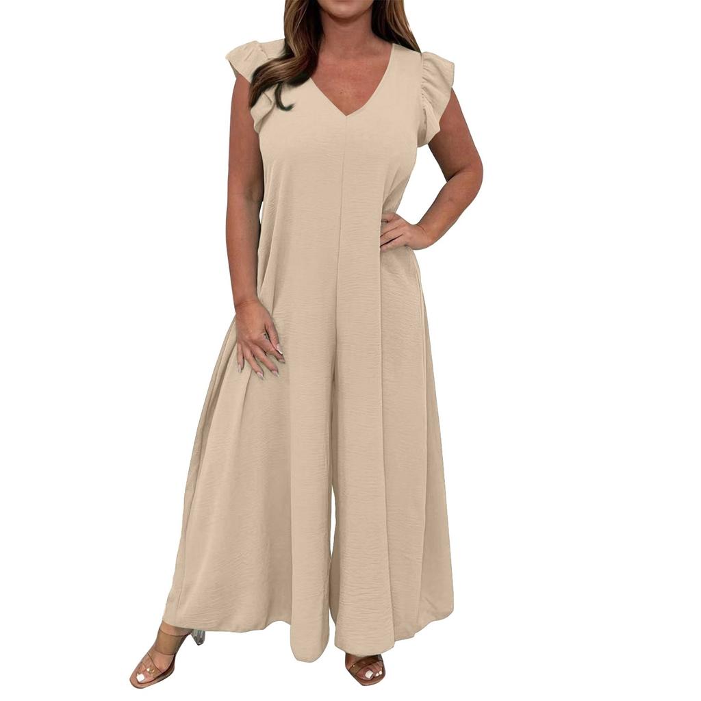 Women's Casual Solid Color Back Tie Ruffled Wide Leg Long Pants Jumpsuit