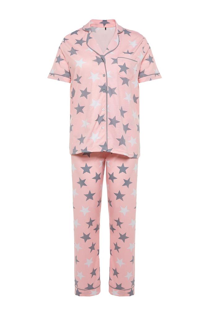 Women's Style Plus Size Powder Star Patterned Shirt Collar Knitted Pajama Set