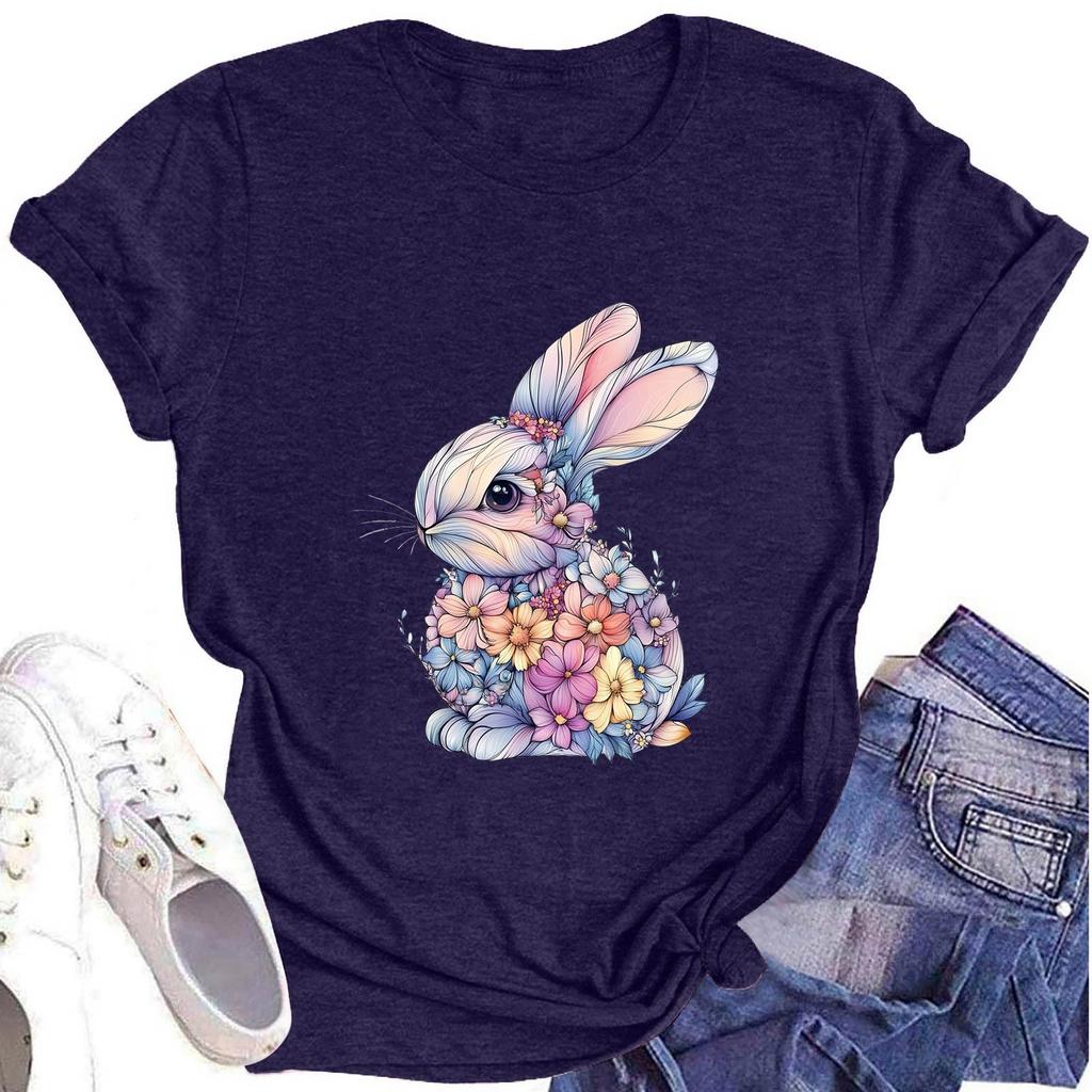 Women's Fashion Round Neck Short Sleeve T-Shirt Easter Printed Casual Top