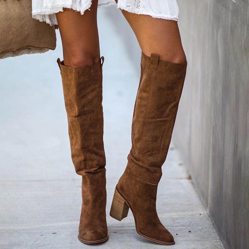 Women Suede Knee High Boots Ladies Solid Pointed Toe Tall Boots Retro Roman High Heels Shoes 2025 Female Autumn Winter Long Boot