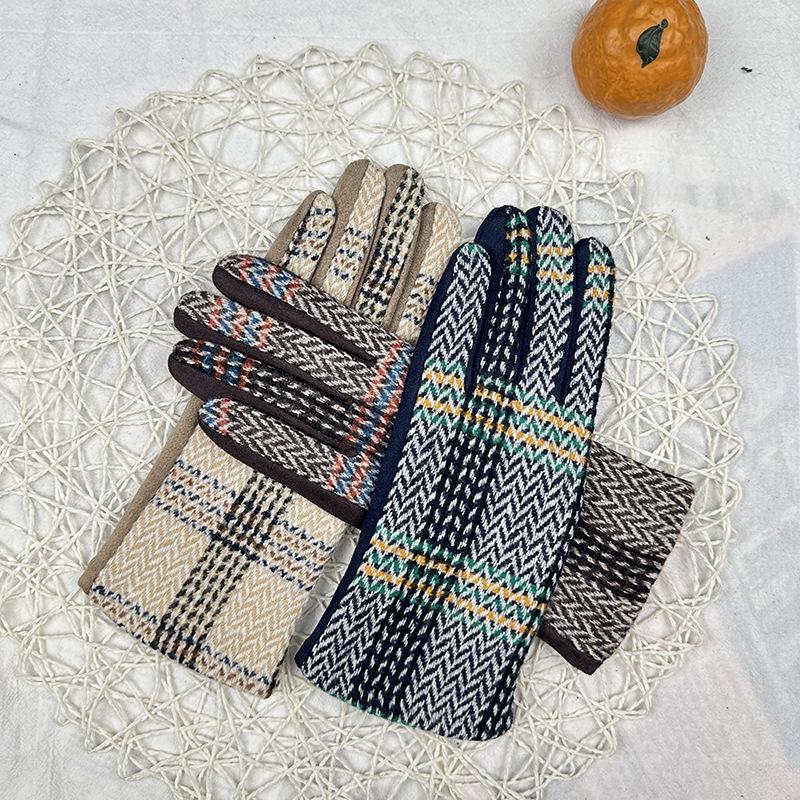 Перчатки из замши для японских девушек, клетчатые, флисовые, утолщенные, термоперчатки для студенток с разделением пальцев