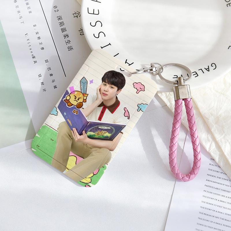BTS Sliding Photocard Holder, Protective ID Badge Card Case with Braided Keychain Strap, Student Campus Bus Meal Card Protector Merch for ARMY