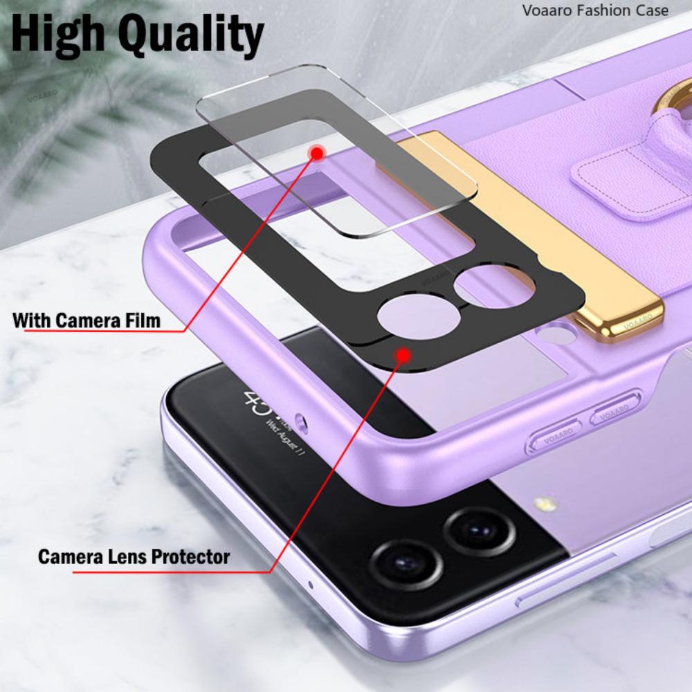 Funda For Samsung Galaxy Z Flip 4 5g Case Leather Wristband Ring Bracket Cover For Samsung Z Flip 4 Strap Case With Camera Film