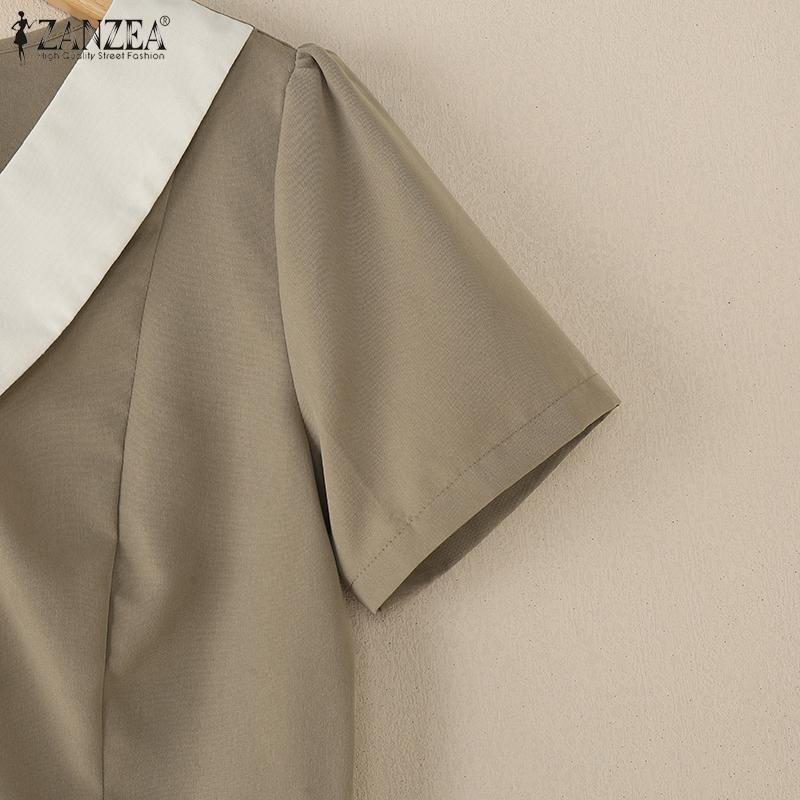 ZANZEA Женское летнее повседневное платье в стиле пэчворк с V-образным вырезом и коротким рукавом