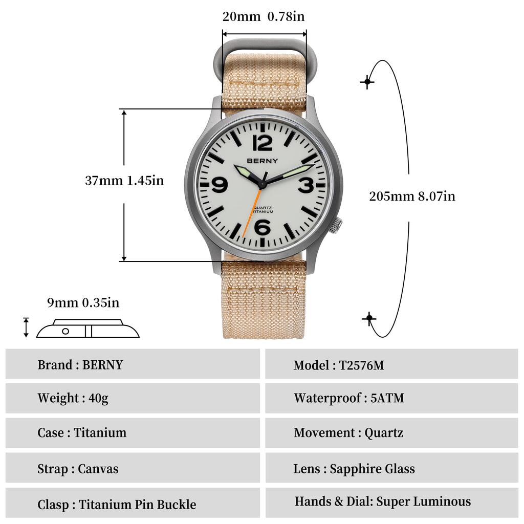 BERNY титановые часы мужские часы часы японский кварцевый механизм Sweep Seconds VH31 5ATM водонепроницаемые аналоговые кварцевые часы супер светящееся сапфировое стекло мужские