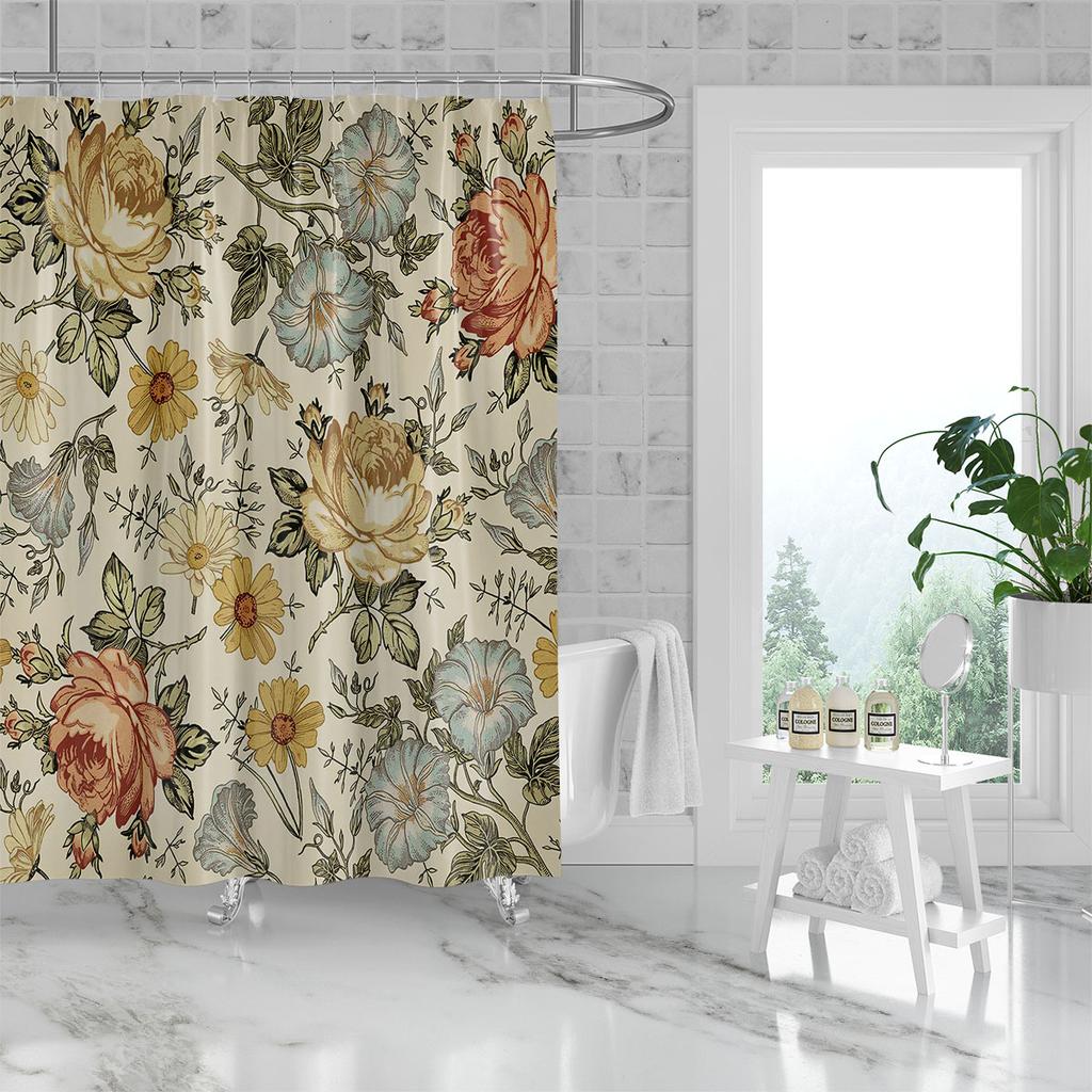 1PC Retro Flowers Pattern Printed Shower Curtain, Waterproof and Washable, with 12 Hooks, Suitable for Bathroom Showers, Bathtu