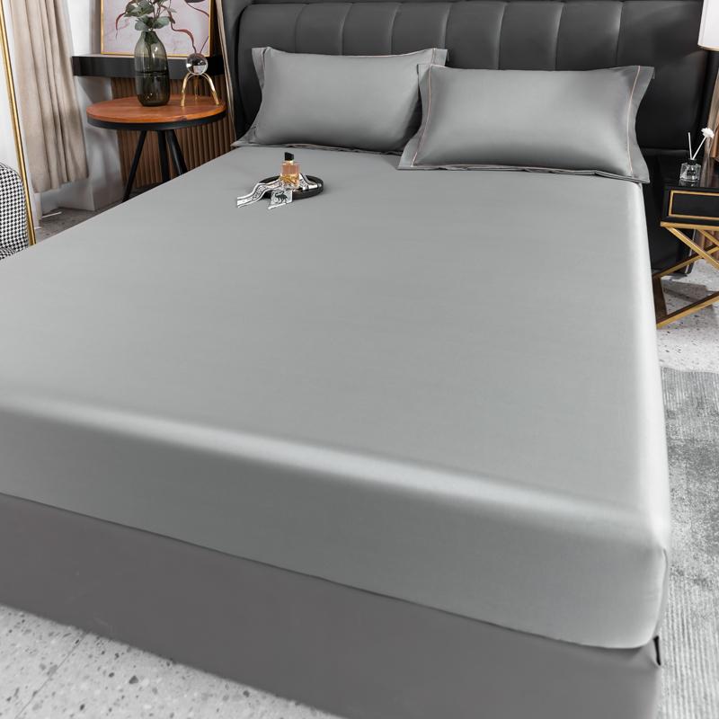 Simple Grey Fitted Sheet Set Solid Color Ice Silk Bedspread with Pillowcases Luxury Smooth Soft Fitted Sheet with Elastic Band