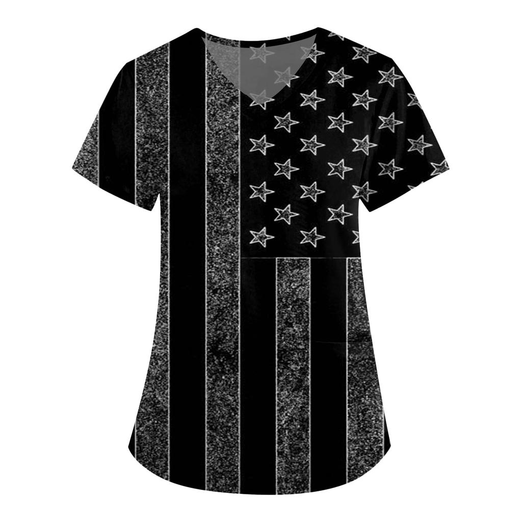 Women's Short Sleeve V-Neck Independence Day Printed Pocket Carer Top
