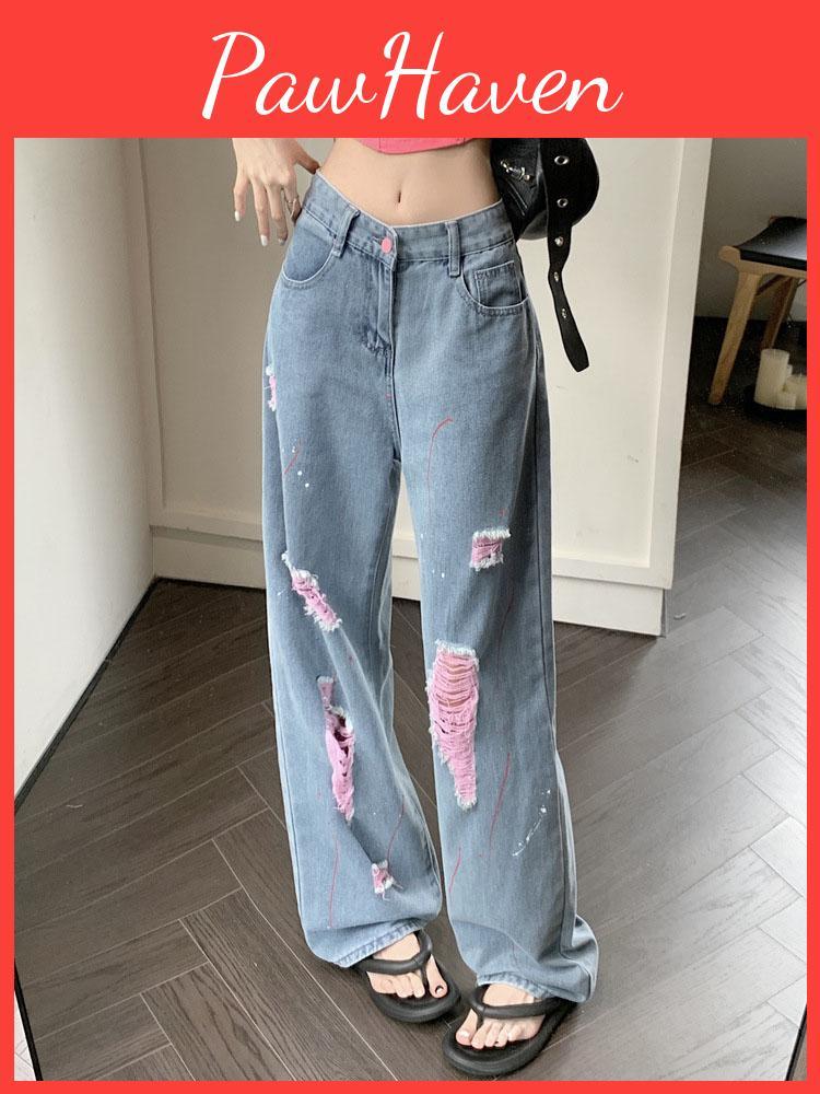 Blue Ripped Vintage Womens Jeans Baggy Denim Trousers High Waist Korean Y2k Streetwear Female Punk Wide Leg Pants Clothes