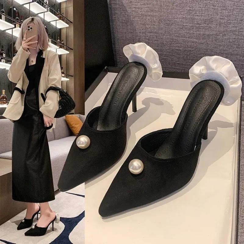 Черные атласные туфли на высоком каблуке, новинка весны и лета, туфли на высоком каблуке-шпильке, женские босоножки на шпильках с белой розой