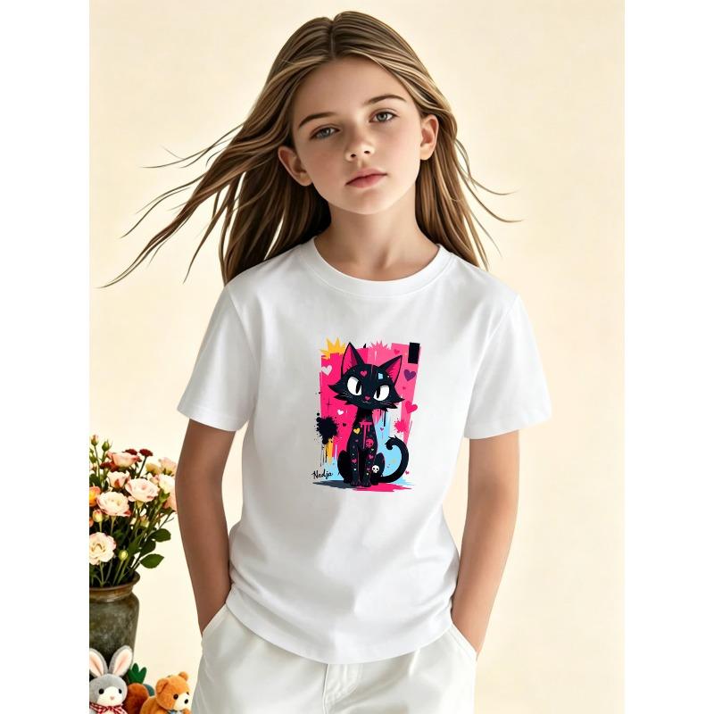 European sizes Girls' Casual Trendy Short Sleeve Round Neck T-Shirt, Fashionable Individual Trendy Print T-Shirt Versatile, Comfortable Fabric