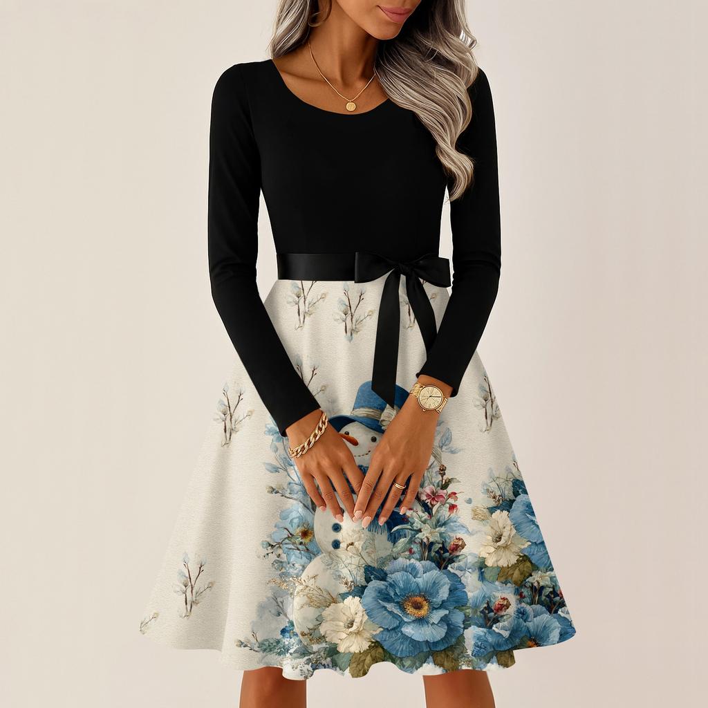 Женские повседневные модные платья с круглым вырезом, длинным рукавом, рождественским принтом, для вечеринки, винтажные длинные платья