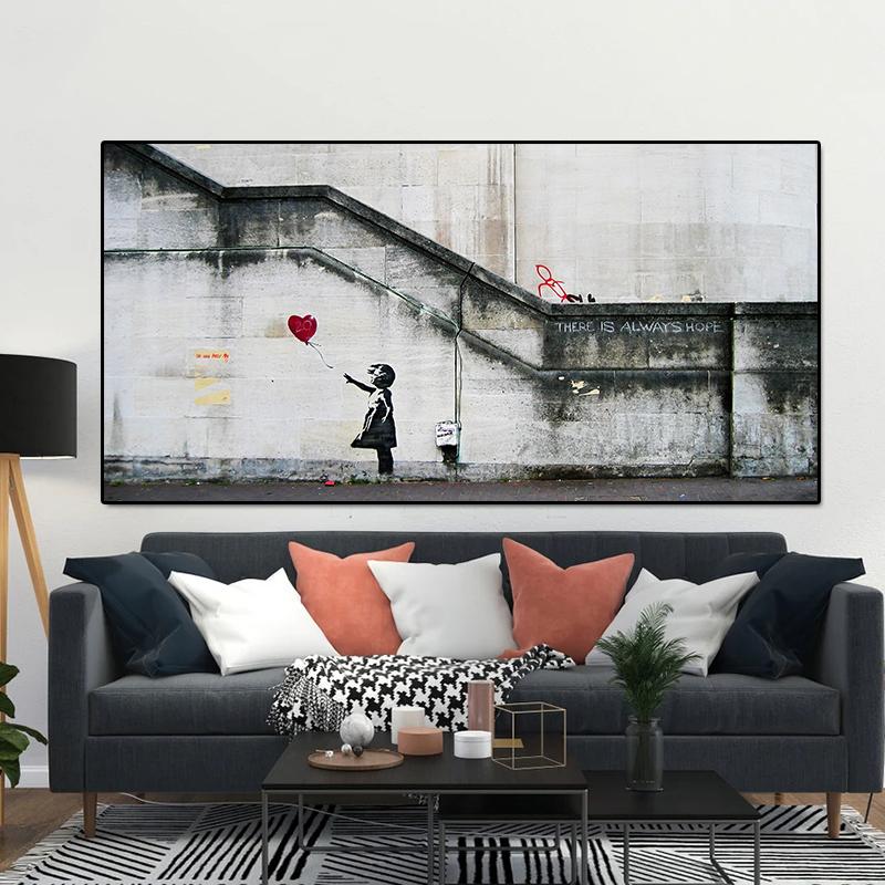 Девушка в погоне за воздушными шарами Бэнкси граффити холст картина уличный поп-арт плакаты и принты настенные панно для гостиной домашний декор