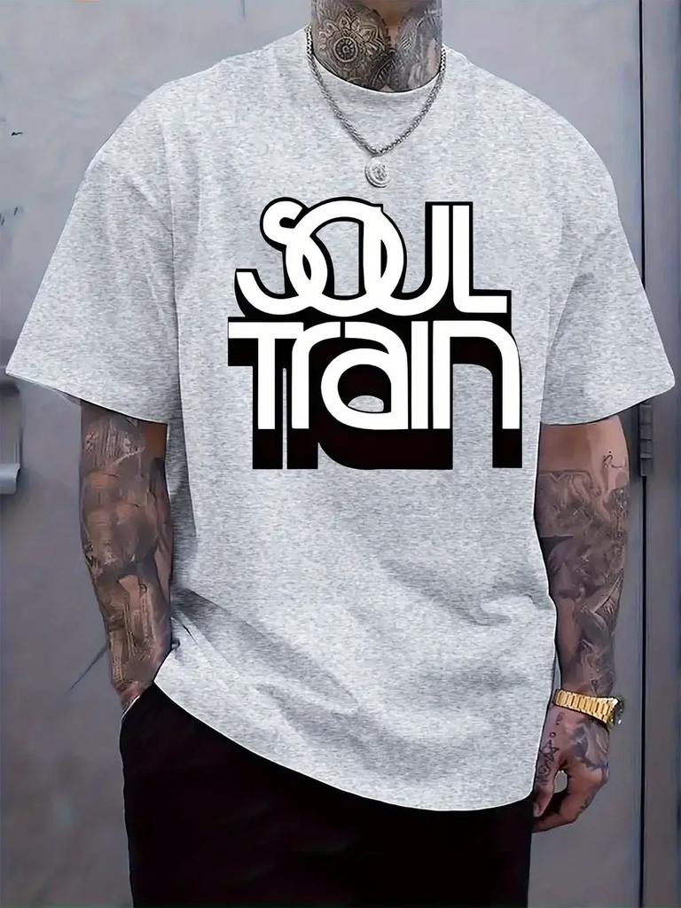 "SOUL TRAIN" Graphic Print Crew Neck Short Sleeve T-shirt - Light Gray Casual Summer Tee with Bold Black Lettering
