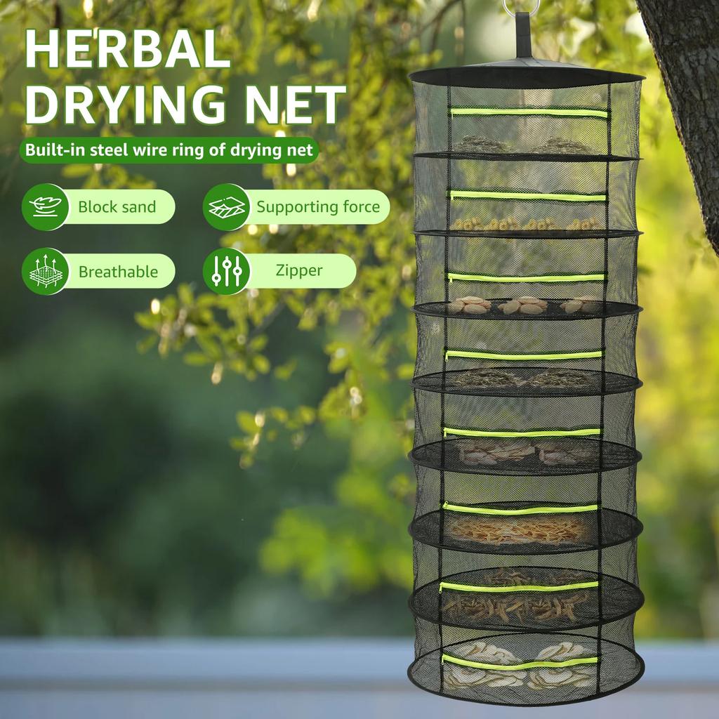 8-слойная сушилка для трав, нейлоновая подвесная сушилка, сетка с молнией, дышащая подвесная сетчатая корзина, сушилка для цветов, бутонов, растений