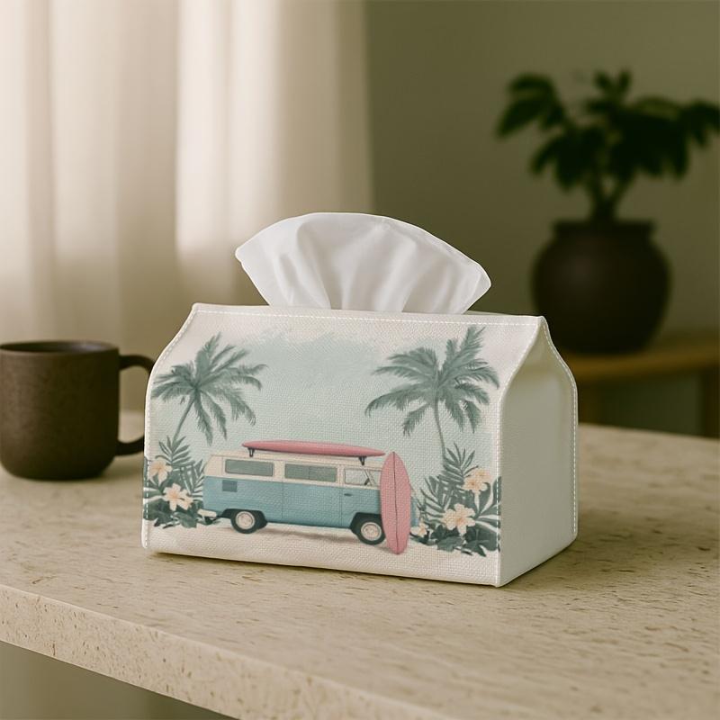 2D Flat, 1pc Summer Beach Van Tissue Box | Multi-Functional Napkin Dispenser, Suitable for Home, Parties, Car Decoration Pink Surfboard Palm Trees Pas