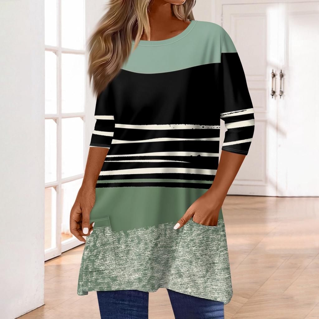 3/4 рукава кармана топы для женщин футболка повседневный принт средней длины топы футболка круглый вырез пуловер блузка