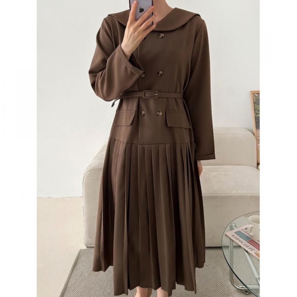 Shop Women Waist Belt Round Collar Two Button Pleated Long Dress Cat Wdr 3829