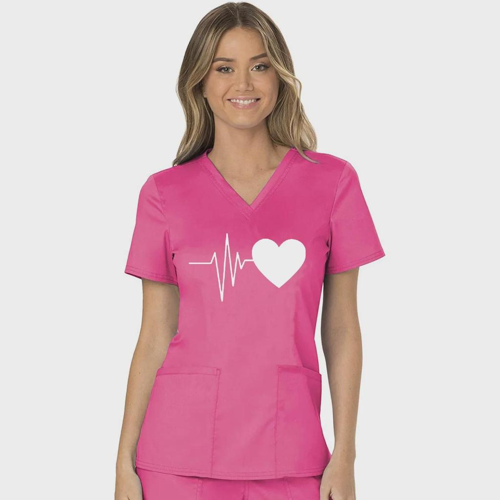 Униформа медсестры с принтом «Сердцебиение и любовь» в европейском и американском стиле, V-образный вырез, два кармана, футболка с коротким рукавом, большой размер