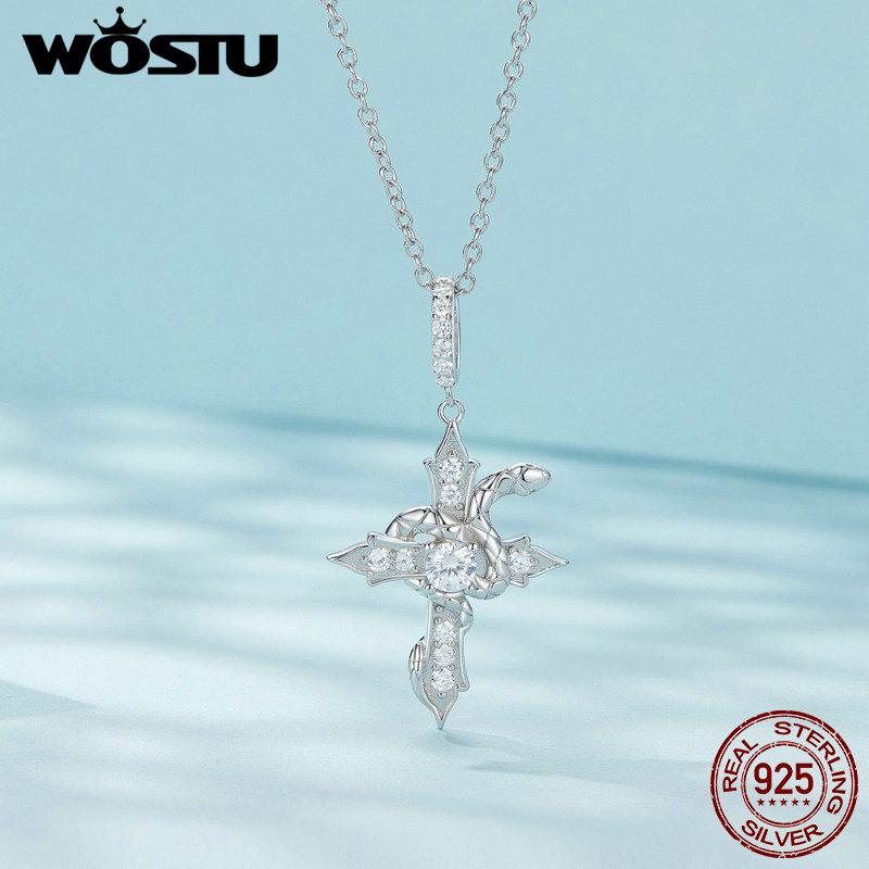 WOSTU 925 Sterling Silver Snake Coil Cross Pendant Necklace Chain for Women