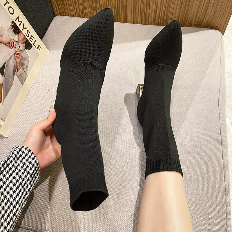 2025 Spring Large Size, New Thick High-heeled Socks Boots Pointed Fashion Thin Socks Boots Casual Socks Boots