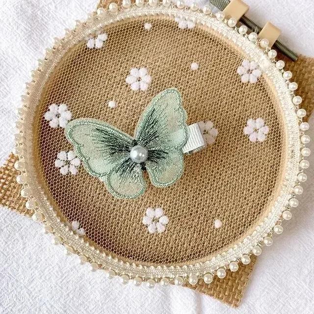 Вышитая 3D-заколка для волос «Бабочка» Супер бессмертная заколка для волос в старинном стиле с жемчугом и сеткой, заколка для челки, декоративный аксессуар для волос для девочек