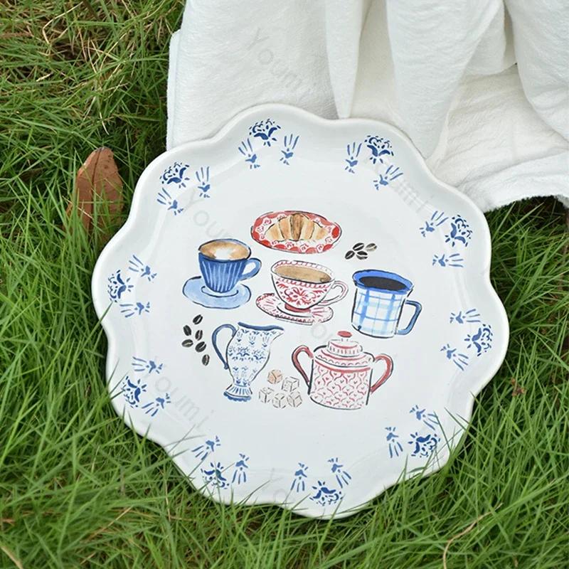 Милая керамическая тарелка во французском стиле для элитной кофейни, послеобеденного чая, изысканная десертная тарелка, домашняя вкусная паста, обеденные тарелки