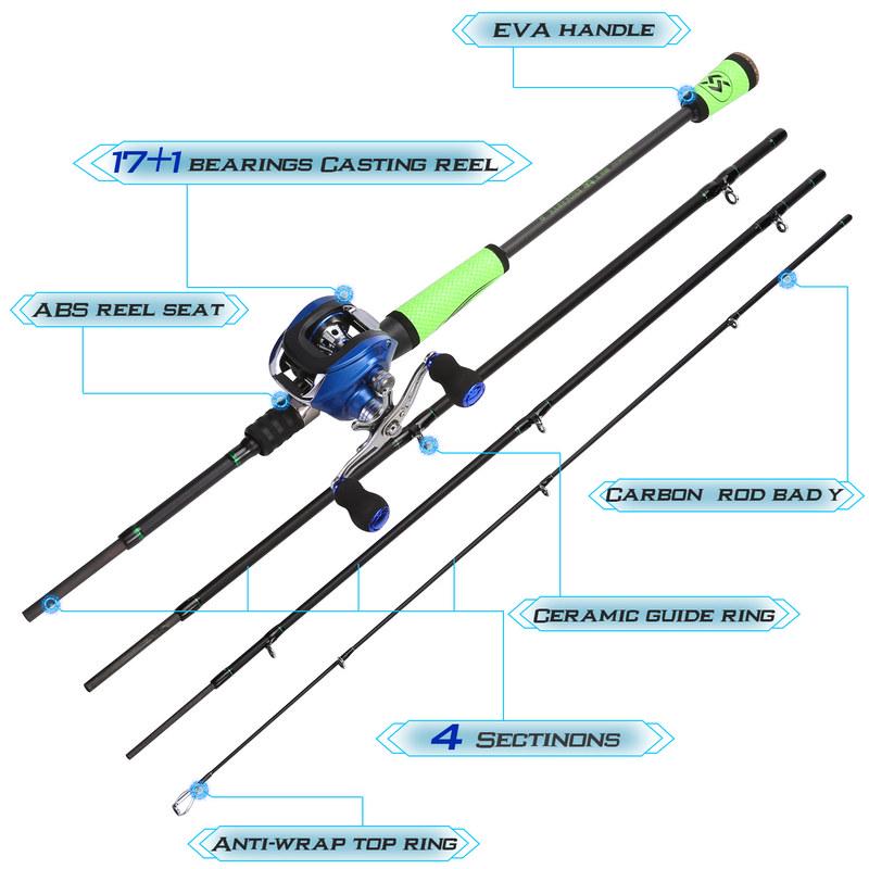Комбинированные катушки для кастинговой удочки, 4-секционная удочка Baitcaster 2,1 м/2,4 м и кастинговая рыболовная катушка 17+1BB