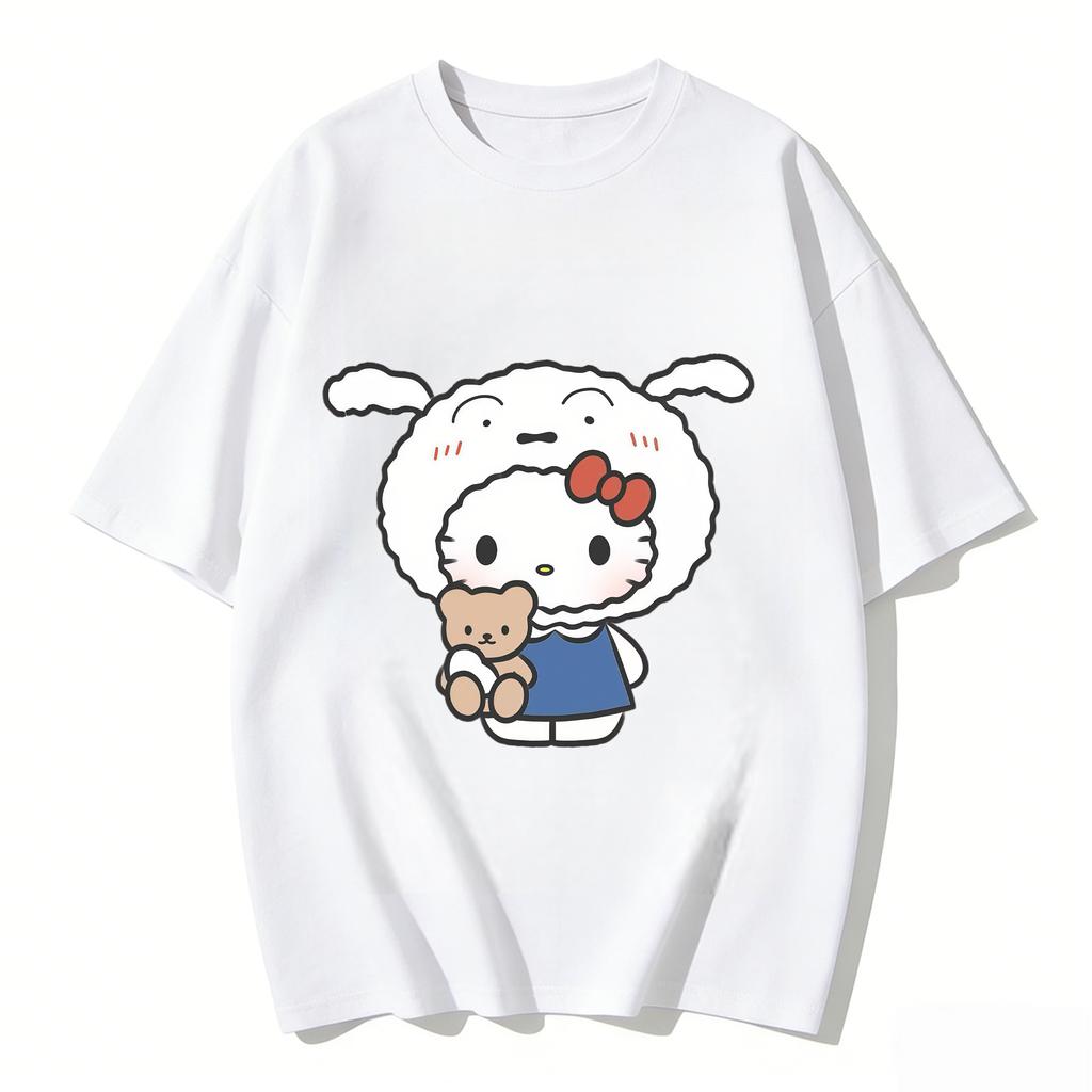 2026 New Kitty X Shinchan Print TShirt Cute Sanrio Loose Fit Casual Tee Harajuku Style Short Sleeve Top Couple Clothing Unisex