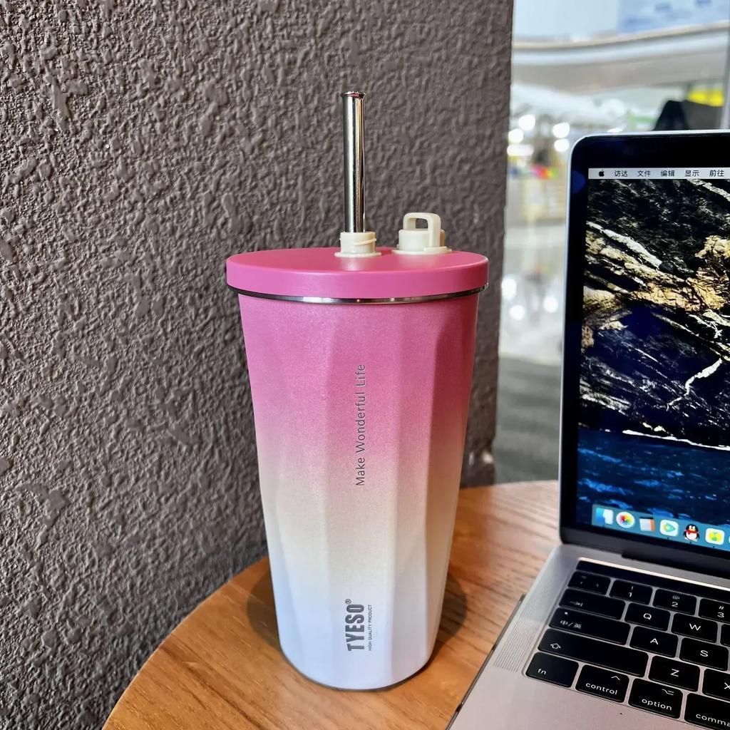 Vacuum Insulated Bottle 600ml Color Change Coffee Cup with Straw Thermos Mug Leak-Proof Thermos Travel Thermal Vacuum Flask Cup