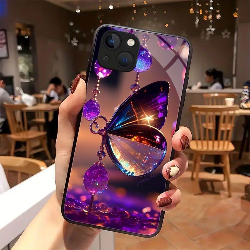 Закаленное стекло с узором из хрустальных бабочек для iPhone 17 Pro Max 11 12 13 14 15 16 Pro 17Air 16E 7 8 Plus XR XS X Чехол