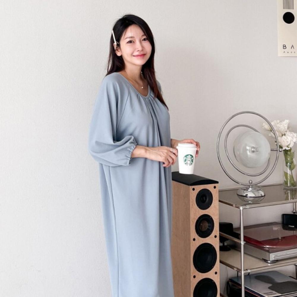 Shop Women RAglAn Round Neck WAist AdjustAble Shirring 3 4 Sleeve Long Dress A