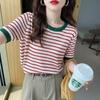 2026 Stripe Tops Women Knitted Round Collar Summer Print Short Sleeve Casual Simple Wild T-Shirt