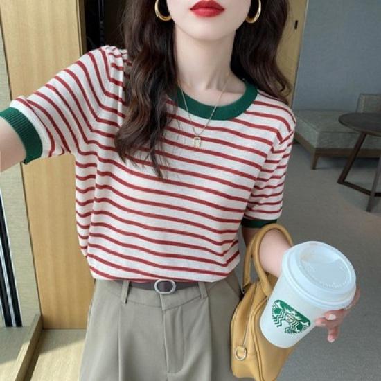 2026 Stripe Tops Women Knitted Round Collar Summer Print Short Sleeve Casual Simple Wild T-Shirt