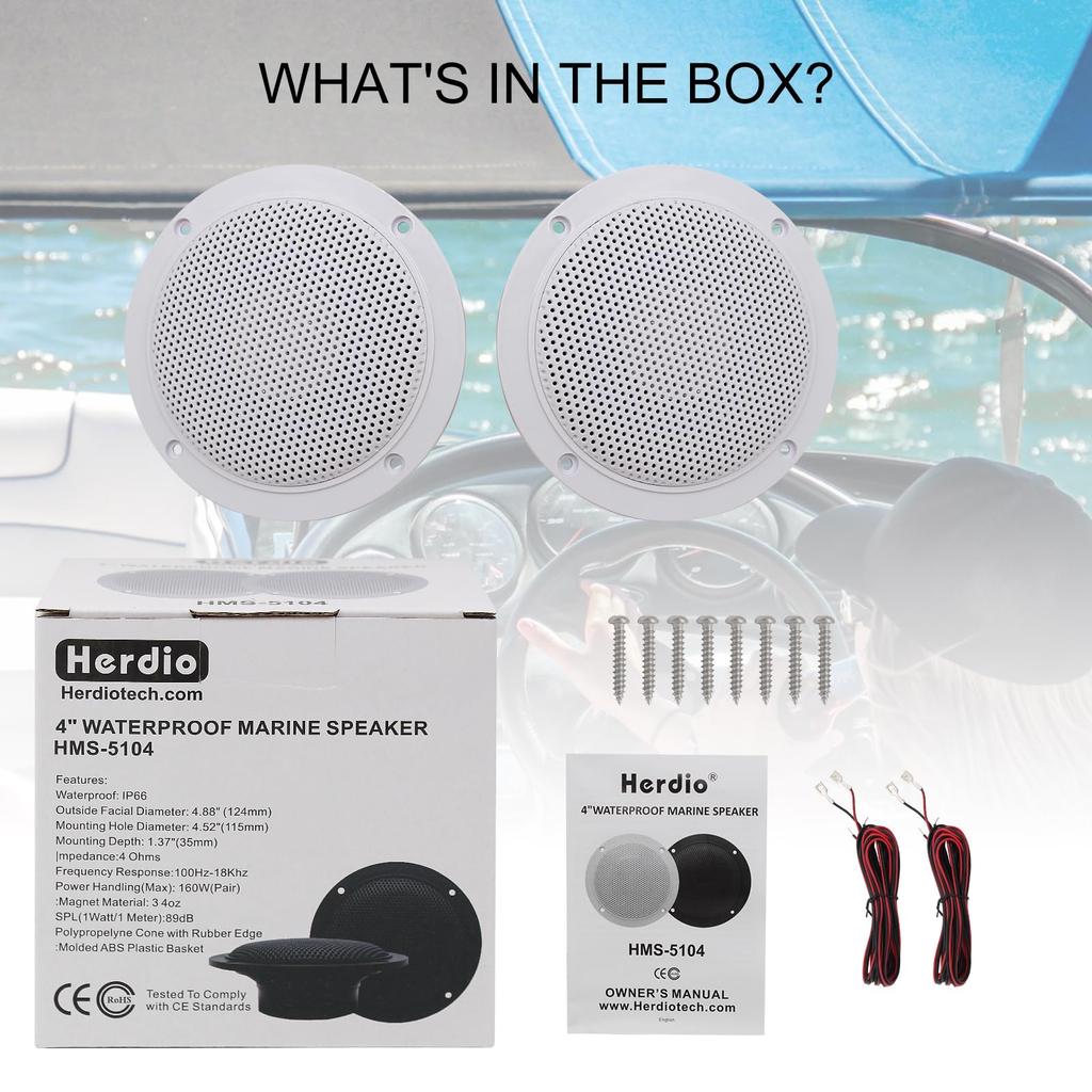 Herdio 4" Водонепроницаемая Морская Уличная Аудио Стерео Система со 160 Ваттами Мощности, Обработка