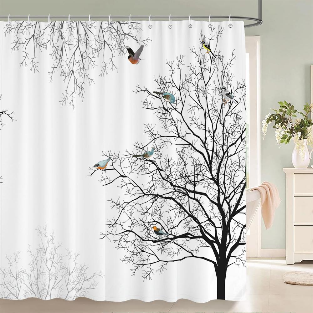 1PC Modern Minimalist leaf Pattern Shower Curtain with Hooks - Design Chic Green leaves Plants Bathroom Curtain Decorationks