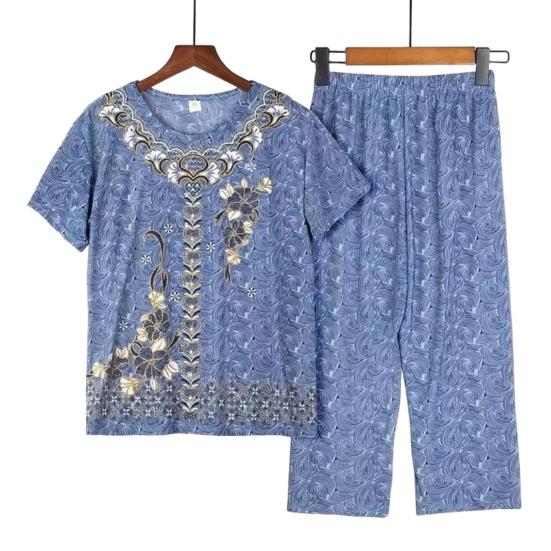 2 шт./компл. женский пижамный комплект среднего возраста с круглым вырезом и вышивкой, с коротким рукавом, большие размеры, эластичная талия, плиссированные