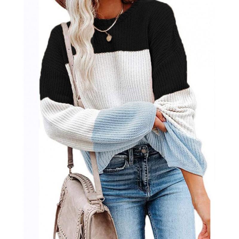 Womens Winter Loose Knit Sweater With Color Block Lantern Sleeves Round Neck Long Sleeve